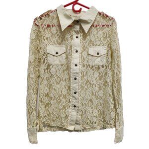 Anthropologie Ivory Lace Button-Down Shirt